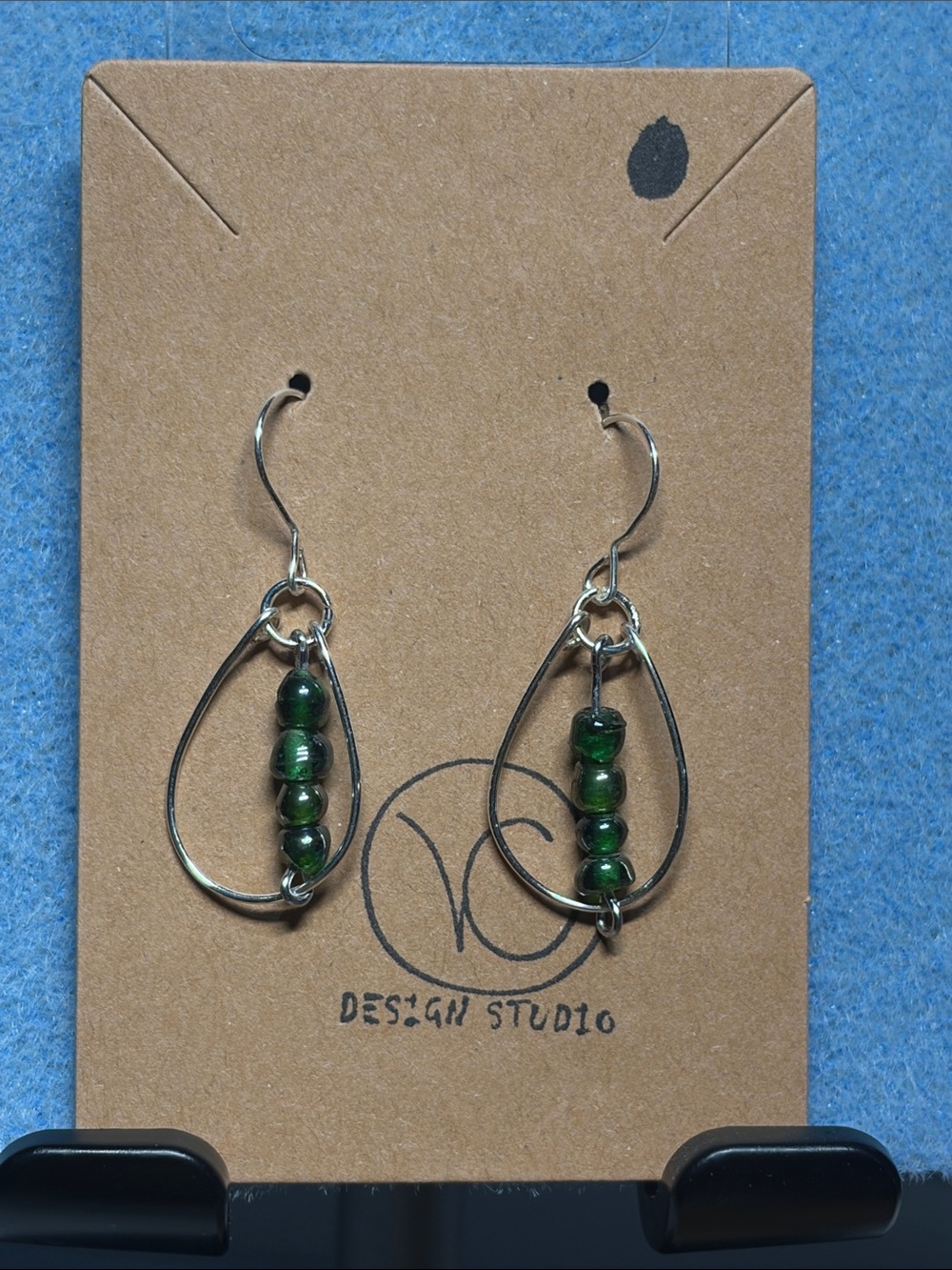 Green Bead Teardrop Earrings - Silver